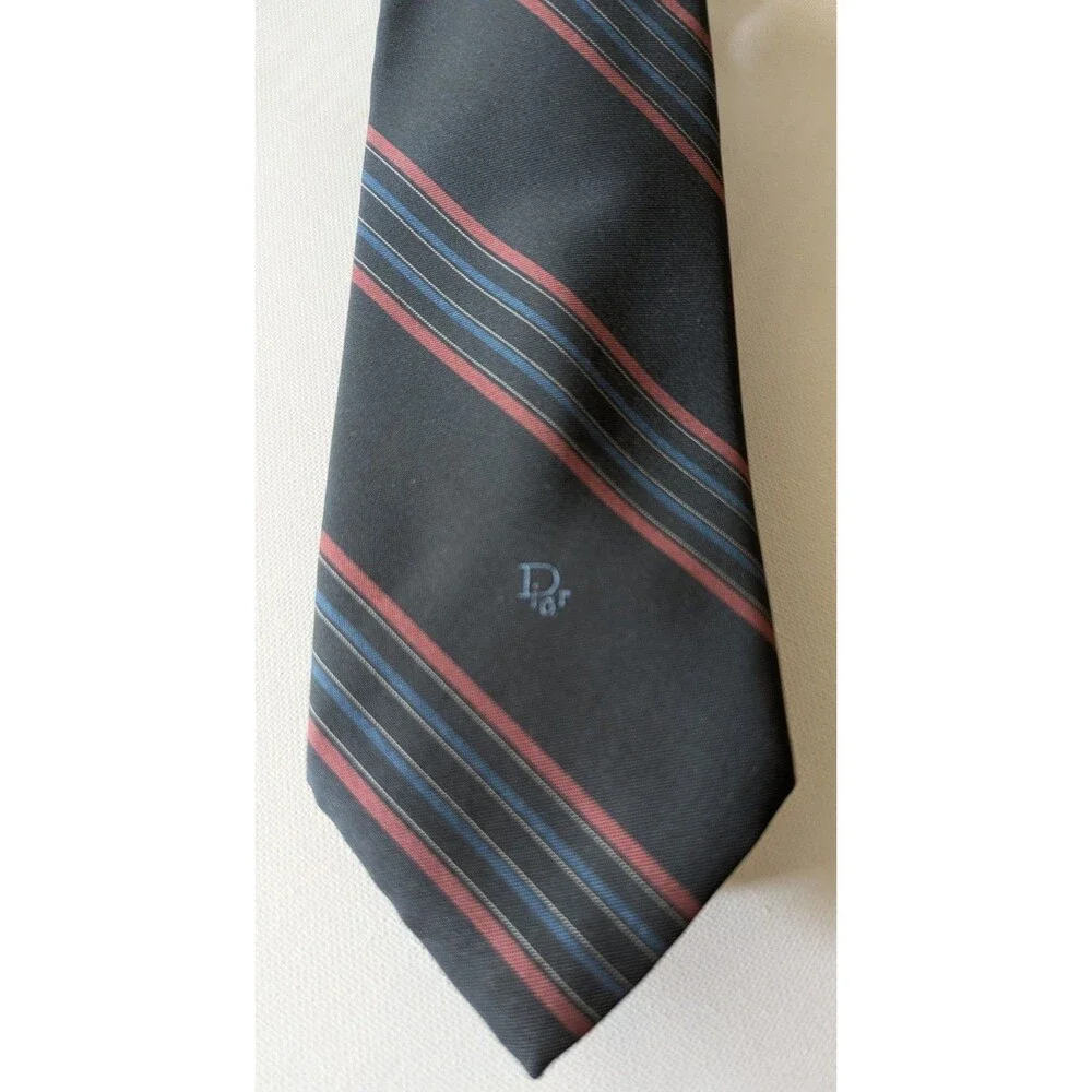 Christian Dior Silk Blend Tie Mens Gray Striped Italian Necktie 59x3